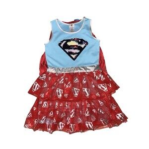 DC Supergirl Costume Dress Girls Sequin Logo Cape Red Blue Size XS New